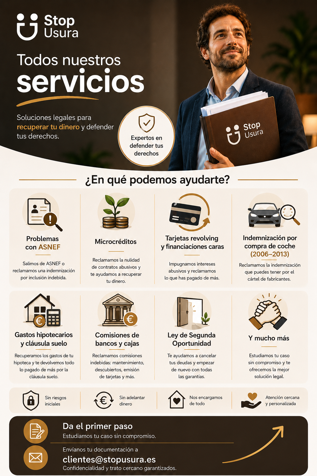Creatividad de STOP USURA con información sobre sus servicios